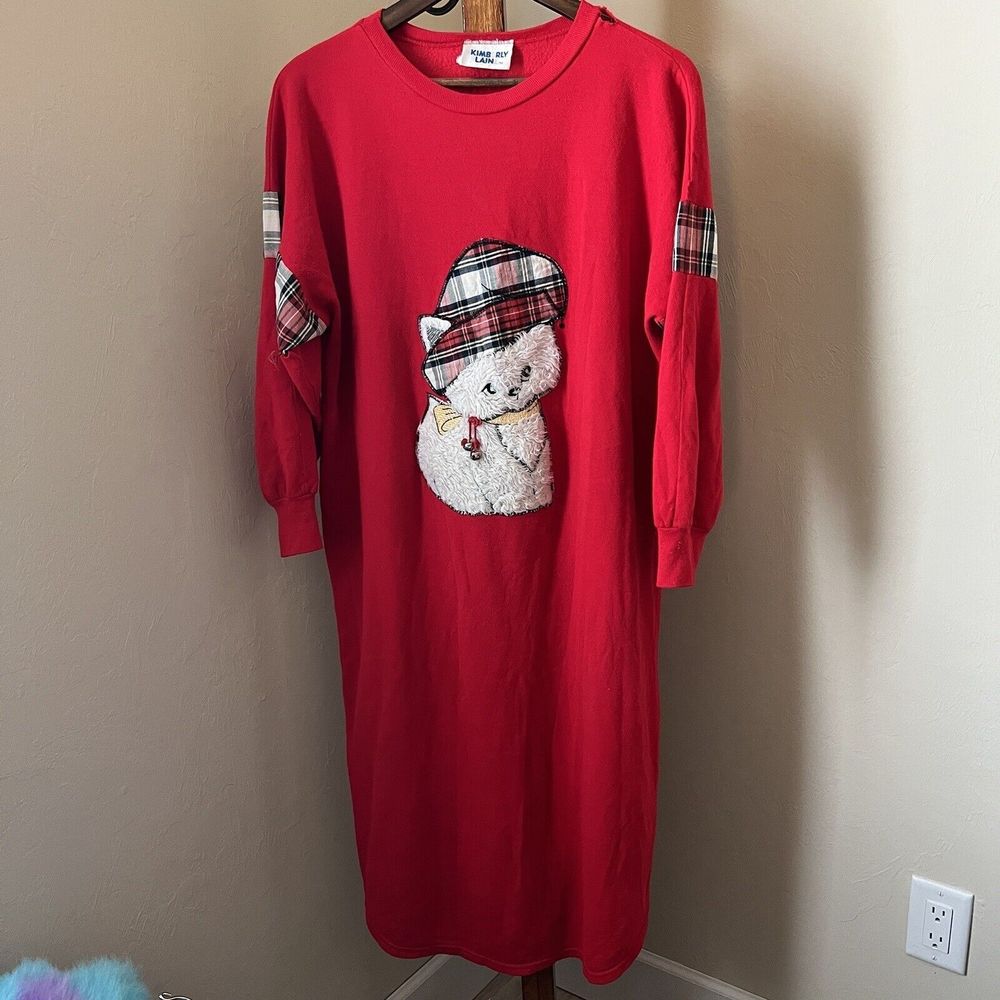Vintage Christmas Dress Nightgown Sweater Kimberly Laine Cat Red Bell Long Midi